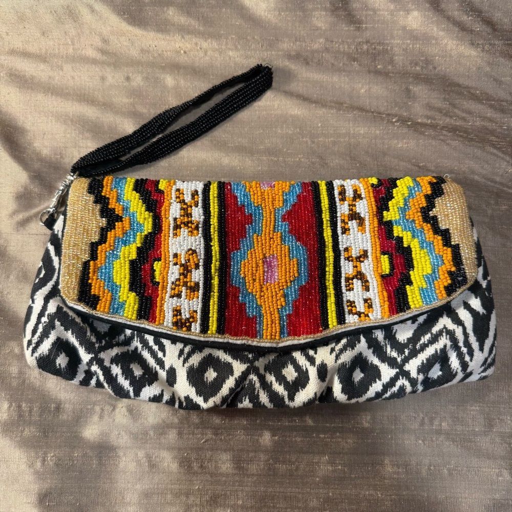 ALDO fun Colorful tribal GEOMETRIC Beaded Clutch WRISTLET  Bag